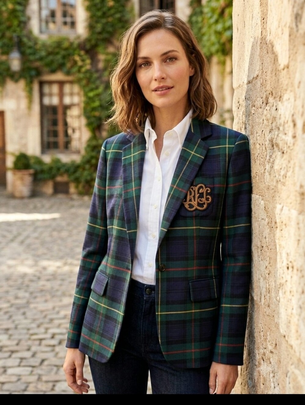 Lauren Ralph Lauren Navy Green Plaid Blazer with Embroidered Crest NWT